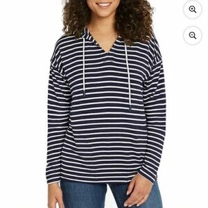 Buffalo David Bitton Soft Knit Striped Hoodie with Pockets Navy Sz Medium